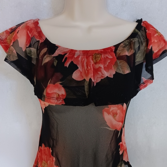 Love Republic Sheer BodySuit Small Floral Black Pink Snap Crotch - Picture 1 of 6